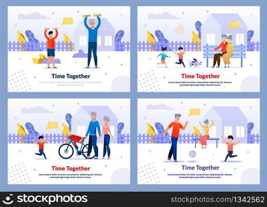 Relatives Spending Summer Time Together Flat Banner Set. Grandparents Playing Ball, Doing Sport, Walking Grandchildren in Yard. Outdoors Activities and Funny Weekends. Vector Cartoon illustration. Relatives Spending Summer Time Together Banner Set