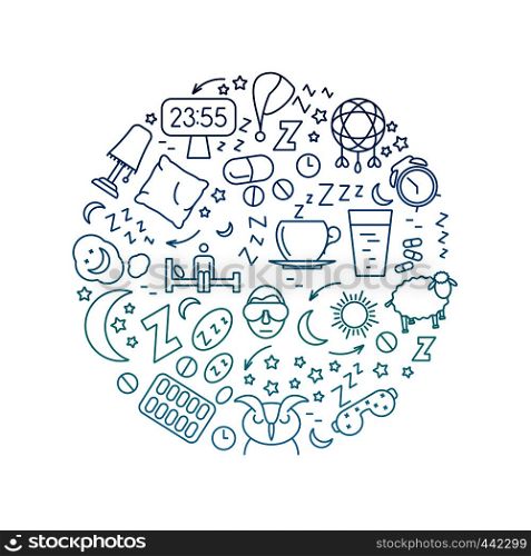 Relax and night rest vector signs. Sleeping linear icons of set illustration. Relax and night rest vector signs. Sleeping linear icons