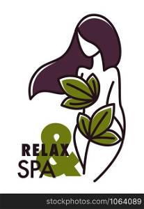 Relax and spa center, salon logo, label, banner graphic design, long haired woman standing, green leaves covering her body, flat concept vector illustration with text on white background. Relax and spa center, salon logo graphic design