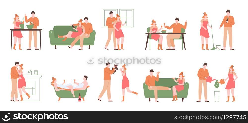 Relax at home. Cozy indoor recreation, characters cooking, eating, taking bath and reading, relaxing holidays lifestyle vector illustration set. Happy character weekend, relaxation and sitting. Relax at home. Cozy indoor recreation, characters cooking, eating, taking bath and reading, relaxing holidays lifestyle vector illustration set