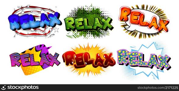 Relax. Comic book word text on abstract comics background. Retro pop art style illustration.