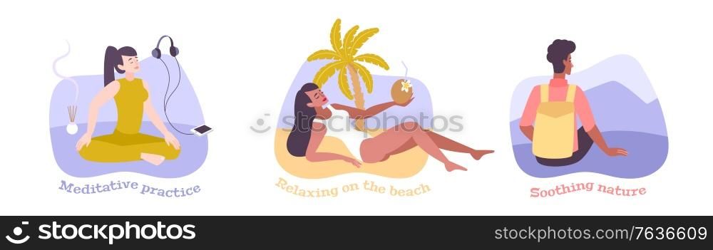 Relax flat compositions with people soothing nature having meditative practice relaxing on sea beach vector illustration