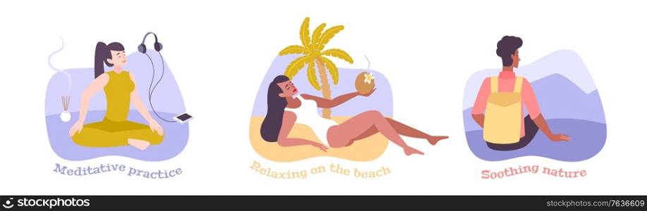 Relax flat compositions with people soothing nature having meditative practice relaxing on sea beach vector illustration