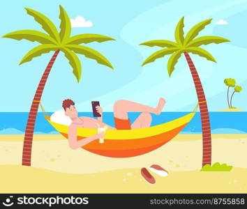 Relax in beach hammock. Leisurely man lying under palm at sea ocean island, summer vacation thailand recreation bali rest holiday lounging life person, vector illustration of man freelancer beach. Relax in beach hammock. Leisurely man lying under palm at sea ocean island, summer vacation thailand recreation bali rest holiday lounging life person, splendid vector illustration