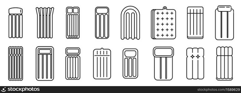 Relax inflatable mattress icons set. Outline set of relax inflatable mattress vector icons for web design isolated on white background. Relax inflatable mattress icons set, outline style