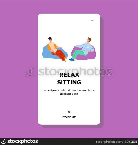 Relax Sitting Enjoying Young Boys Together Vector. Men Relax Sitting On Softness Comfortable Armchair Pillows. Characters Comfort Relaxation Leisure Time Web Flat Cartoon Illustration. Relax Sitting Enjoying Young Boys Together Vector