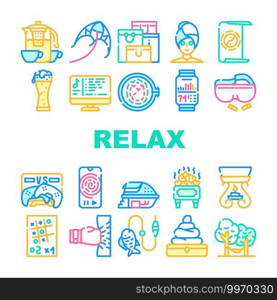 Relax Therapy Time Collection Icons Set Vector. Relax Shopping And Yoga, Music And Video Games, Beer And Tea, Fishing And C&ing Concept Linear Pictograms. Contour Color Illustrations. Relax Therapy Time Collection Icons Set Vector