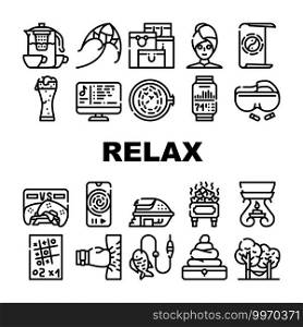 Relax Therapy Time Collection Icons Set Vector. Relax Shopping And Yoga, Music And Video Games, Beer And Tea, Fishing And C&ing Black Contour Illustrations. Relax Therapy Time Collection Icons Set Vector