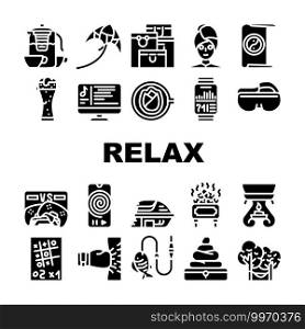 Relax Therapy Time Collection Icons Set Vector. Relax Shopping And Yoga, Music And Video Games, Beer And Tea, Fishing And C&ing Glyph Pictograms Black Illustrations. Relax Therapy Time Collection Icons Set Vector