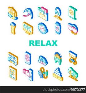 Relax Therapy Time Collection Icons Set Vector. Relax Shopping And Yoga, Music And Video Games, Beer And Tea, Fishing And C&ing Isometric Sign Color Illustrations. Relax Therapy Time Collection Icons Set Vector