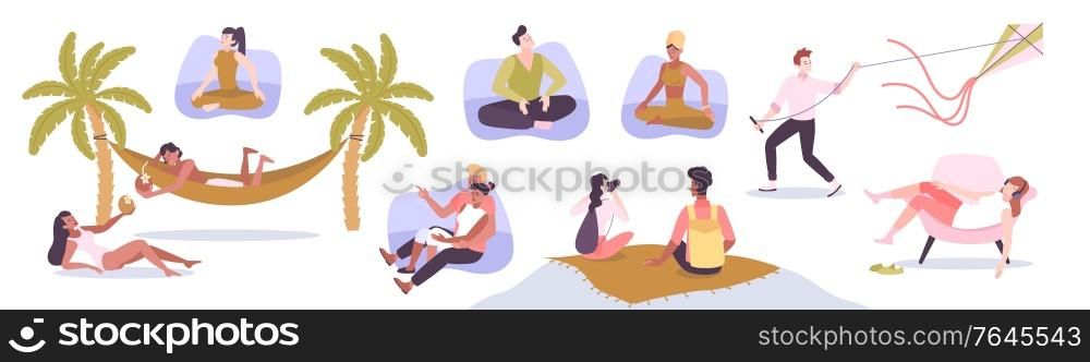 Relaxation flat set of people having summer vacation on ocean coast isolated vector illustration