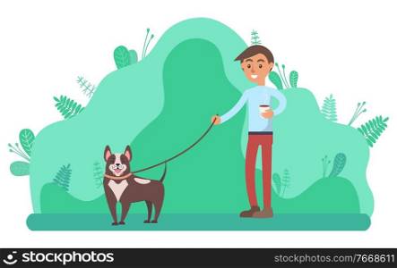 Relaxation in park vector, man walking dog in forest with trees and foliage. Doggy with owner summer character with friendly canine pet flat style. Man Walking Puppy on Leash Person in Spring Park