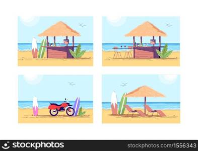 Relaxation on beach semi flat vector illustration set. Cocktail bar to drink refreshment. Motorcycle and surfboard. Extreme sport. Hawaii summer 2D cartoon scenery for commercial use collection. Relaxation on beach semi flat vector illustration set