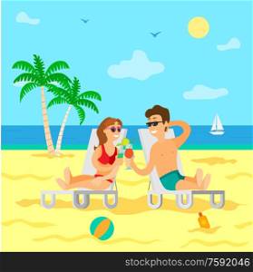 Relaxation on tropical islands vector, couple drinking cocktails. Man and woman spending time on summer vacation, people couple relaxing together. People on Vacation, Summer Beach with Palm Tree