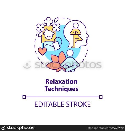 Relaxation techniques concept icon. Meditation and yoga. Treatment abstract idea thin line illustration. Isolated outline drawing. Editable stroke. Arial, Myriad Pro-Bold fonts used. Relaxation techniques concept icon
