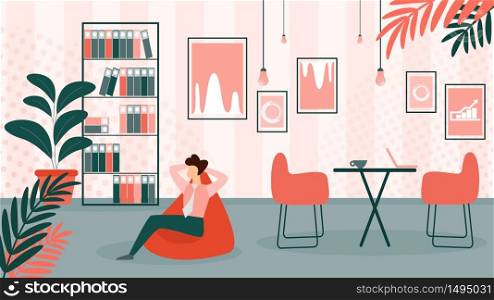Relaxed Business Man Character Sitting in Cozy Armchair in Office Having Leisure or Coffee Break, Businessman Having Relaxation Pause for Recreation. Cartoon Flat Vector Illustration, Square Banner. Business Man Sitting in Cozy Armchair in Office