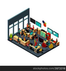 Relaxed creative people meeting in room interior. 3d isometric coworking and teamwork vector concept. Teamwork in office room illustration. Relaxed creative people meeting in room interior. 3d isometric coworking and teamwork vector concept