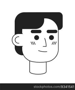Relaxed happy caucasian casual man monochrome flat linear character head. Hispanic office worker. Editable outline hand drawn human face icon. 2D cartoon spot vector avatar illustration for animation. Relaxed happy caucasian casual man monochrome flat linear character head