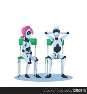 Relaxed Male and Pensive Female Robot Sit on Chair. Artificial Intelligence Wait for Office Job Interview. Modern Technology. Woman Bot with Pink Hair Candidate. Flat Cartoon Vector Illustration. Relaxed Male and Pensive Female Robot Sit on Chair