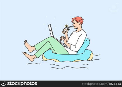 Relaxed man swim on inflatable ring work online on laptop at home lockdown or quarantine. Calm male employee downshifting in swimming pool. Distant job concept. Vector illustration. . Relaxed man in swimming pool working on computer