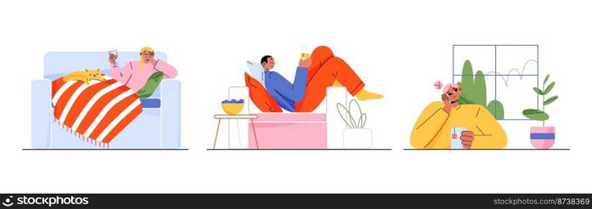 Relaxed people drinking tea and wine, having rest at home. Set of happy flat characters lying on sofa, sitting by window, enjoying hot drink or glass of cocktail. Hygge time. Vector illustration. Relaxed people drinking tea and wine, having rest