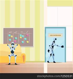 Relaxed Robot on Sofa, Male Bot Walk into Door. Office Waiting Room. Job Interview for Artificial Intelligence Character. Modern Future Technology. Flat Cartoon Vector Illustration. Relaxed Robot on Sofa, Male Bot Walk into Door