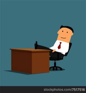 Relaxed smiling cartoon businessman is resting at workplace with feet on the table. Coffee break, relaxation themes design usage. Businessman resting with feet on the table