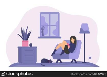 Relaxed woman sitting in armchair with book near cat. Girl reading book at home in evening. Vector illustration for comfort, hygge, cozy house concept
