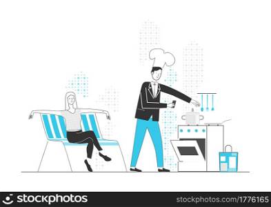Relaxed woman watching a man cooking in the kitchen. Limited colour flat vector.