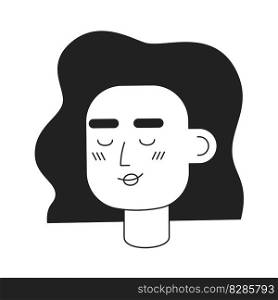 Relaxed woman with closed eyes monochromatic flat vector character head. Black white avatar icon. Editable cartoon user portrait. Simple lineart ink spot illustration for web graphic design, animation. Relaxed woman with closed eyes monochromatic flat vector character head