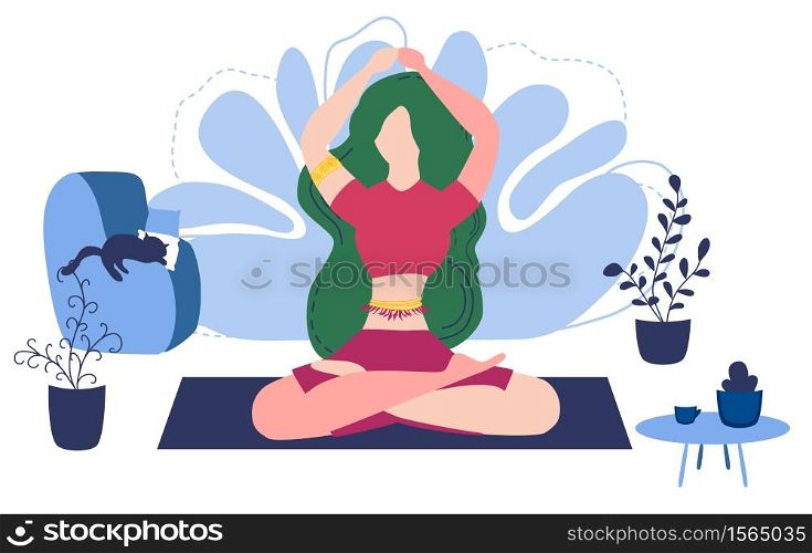 Relaxed young woman enjoying rest. Girl meditates. Trendy flat cartoon style. Urban jungle. Meditation at Home. Relaxed young woman enjoying rest. Girl meditates. Trendy flat cartoon style. Meditation at Home