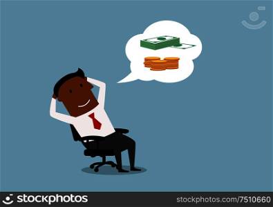 Relaxing african american businessman dreaming about money and wealth in office. Cartoon style. Businessman dreaming about money and wealth
