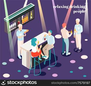 Relaxing and drinking people in bar isometric background with catering symbols vector illustration