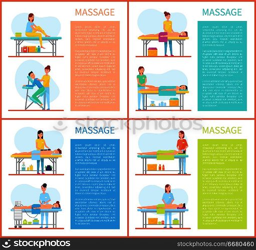 Relaxing and stretching muscles massage in physiotherapy room vector set. Masseuse in uniform massaging foot and back, face and body of lying client. Relaxing Stretching Muscles Massage Physiotherapy
