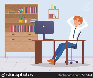 Relaxing at work, office worker sleeping sitting at chair, man dreaming near table with computer, time to rest, lazy guy at workplace, resting manager holding hands at head, overworked businessperson. Relaxing at work, office worker sleeping sitting at chair, man dreaming near table with computer