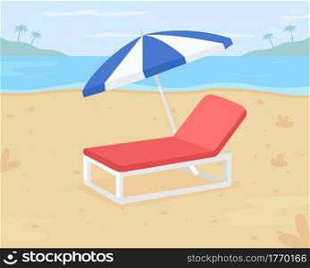 Relaxing beach vacation flat color vector illustration. Beach destination. Outdoor chair for sandy surfaces. Chilling out on 2D cartoon sun lounger under umbrella with seashore on background. Relaxing beach vacation flat color vector illustration