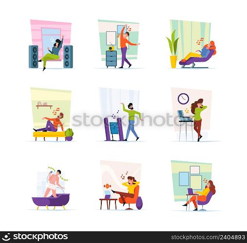 Relaxing characters. People sleeping on sofa sitting and listen music on couch in interior room garish vector flat pictures collection. Character on sofa sitting and listen music illustration. Relaxing characters. People sleeping on sofa sitting and listen music on couch in interior room garish vector flat pictures collection