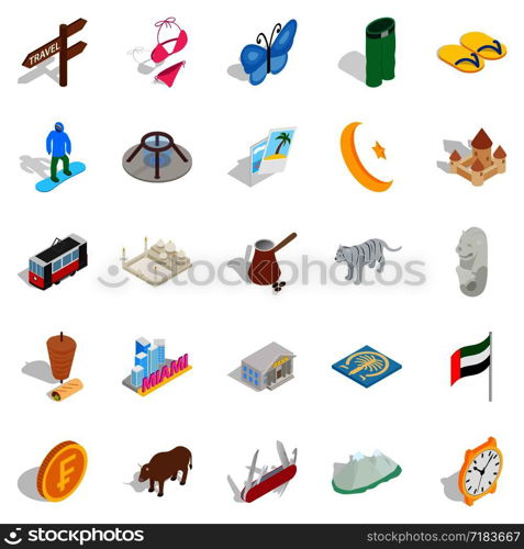 Relaxing in Europe icons set. Isometric set of 25 relaxing in europe vector icons for web isolated on white background. Relaxing in Europe icons set, isometric style