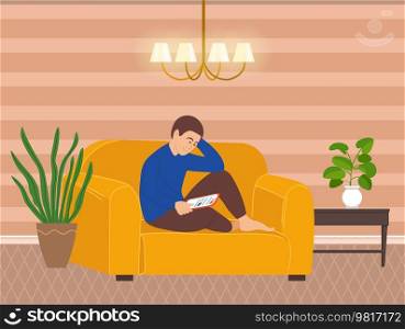 Relaxing man sits on cozy armchair or sofa with digital tablet. Guy making purchases in online shop, rest indoors searching information in internet. Person browsing social media on electronic device. Relaxing man sits on armchair or sofa with digital tablet. Guy searching information in internet