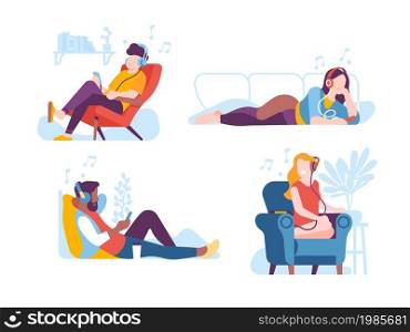 Relaxing music listening. Happy men and women with headphones lying on sofas and in armchairs. Home rest. Cute people listen calm melodies. Isolated persons set enjoy musical melodies. Vector concept. Relaxing music listening. Men and women with headphones lying on sofas and in armchairs. Home rest. People listen calm melodies. Isolated persons set enjoy musical melodies. Vector concept