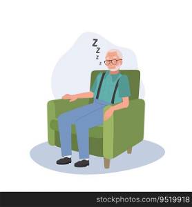Relaxing Nap of Mature. Elderly man Sleeping on cozy Couch at home. Flat vector cartoon illustration