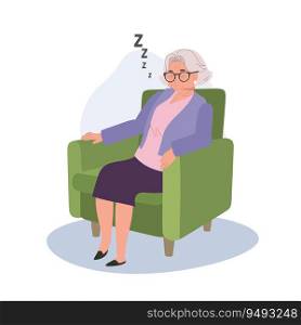 Relaxing Nap of Mature. Elderly Woman Sleeping on cozy Couch at home. Flat vector cartoon illustration