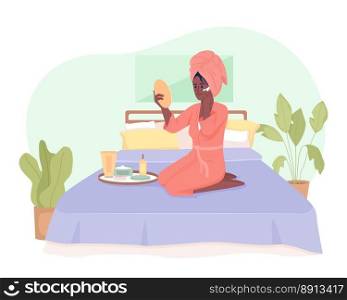 Relaxing spa day at home 2D vector isolated illustration. Young woman applying moisturizer flat character on cartoon background. Colorful editable scene for mobile, website, presentation. Relaxing spa day at home 2D vector isolated illustration