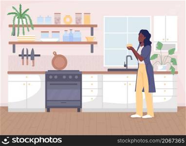 Relaxing tea time in kitchen flat color vector illustration. Drinking coffee near window. Hygge lifestyle. Happy woman enjoying rest 2D cartoon character with interior on background. Relaxing tea time in kitchen flat color vector illustration