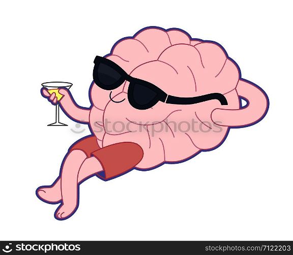 Relaxing with a glass of alcohol drink flat cartoon vector illustration - a brain lying with a glass of vermouth wearing shorts and sunglasses. Part of a Brain collection.. Relaxing with a glass of vermouth, Brain collection
