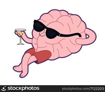 Relaxing with a glass of alcohol drink flat cartoon vector illustration - a brain lying with a glass of vermouth wearing shorts and sunglasses. Part of a Brain collection.. Relaxing with a glass of vermouth, Brain collection
