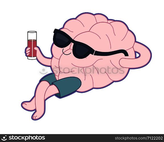 Relaxing with a glass of juice flat cartoon vector illustration - a brain lying with a glass of red juice wearing shorts and sunglasses. Part of a Brain collection.. Relaxing with a glass of juice, Brain collection