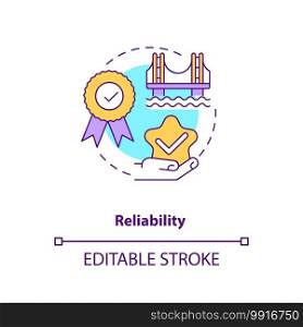 Reliability concept icon. Construction safety. Building quality bridge. Repair, maintenance. Civil engineering idea thin line illustration. Vector isolated outline RGB color drawing. Editable stroke. Reliability concept icon
