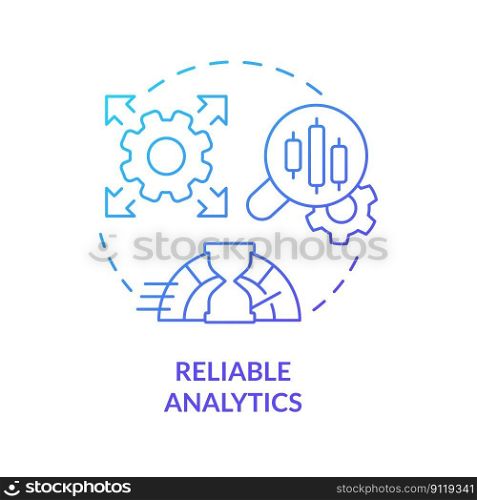 Reliable analytics blue gradient concept icon. Fast service. Digital storage. Data lake architecture abstract idea thin line illustration. Isolated outline drawing. Myriad Pro-Bold font used. Reliable analytics blue gradient concept icon