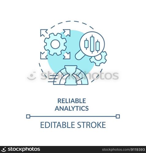 Reliable analytics turquoise concept icon. Fast service. Data lake architecture abstract idea thin line illustration. Isolated outline drawing. Editable stroke. Arial, Myriad Pro-Bold fonts used. Reliable analytics turquoise concept icon
